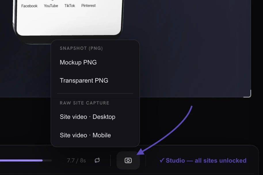 The Mockvid snapshot menu open above the export bar, with an arrow pointing to the snapshot button that opens it. Under the Raw site capture heading are two entries: Site video Desktop and Site video Mobile.