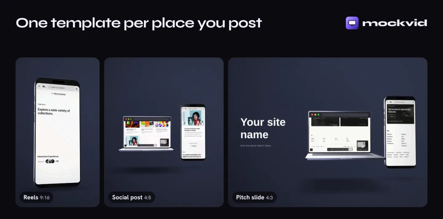 The same website shown as a 9:16 Reel, a 4:5 social post and a 4:3 pitch slide