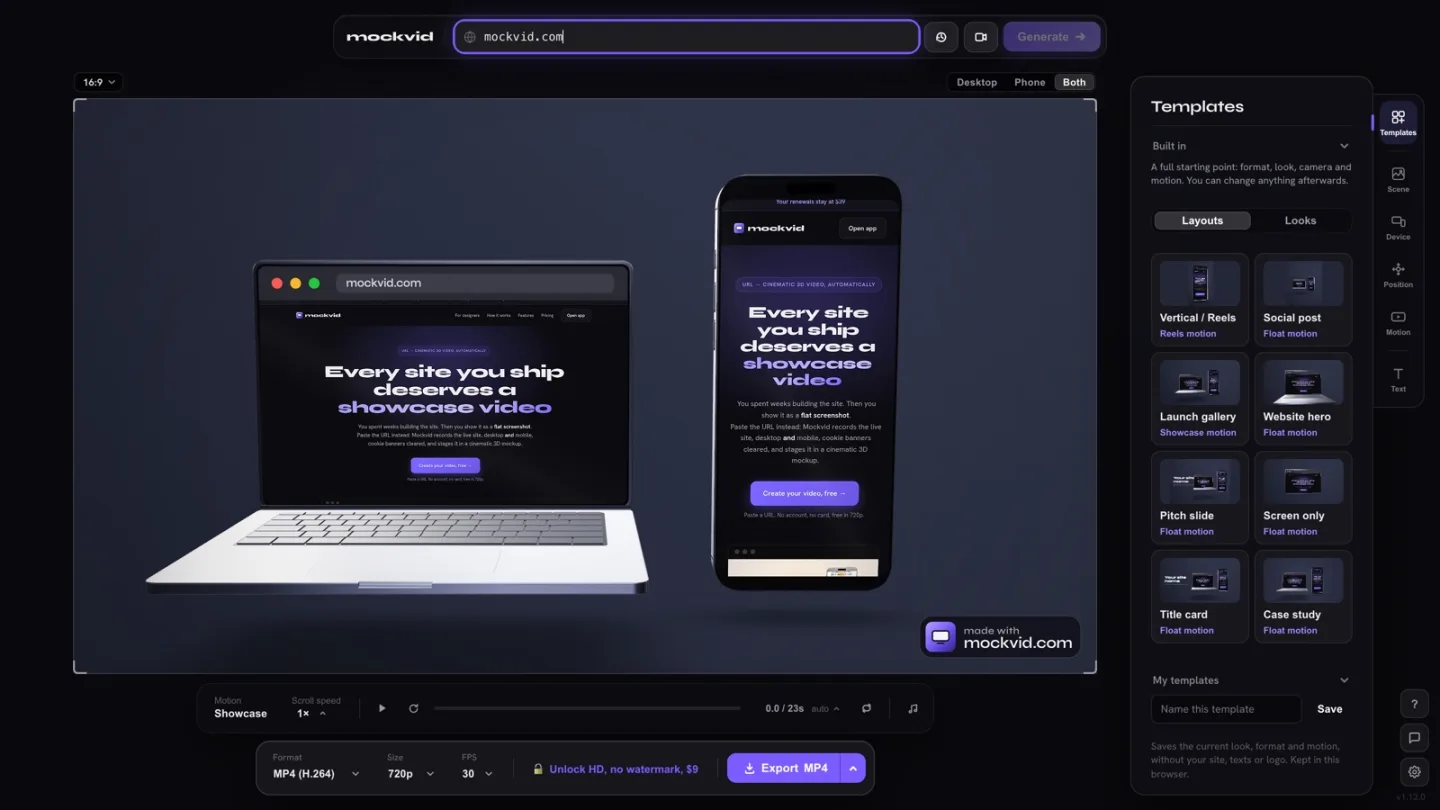 Mockvid's template panel next to a laptop and phone mockup showing a website