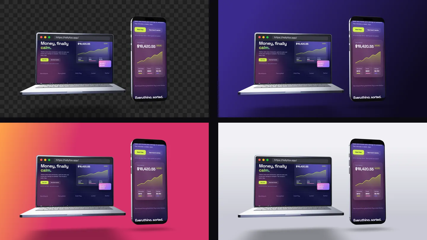 The same transparent laptop and phone mockup placed over three different backgrounds: a dark purple gradient, a warm orange gradient and a light grey studio backdrop